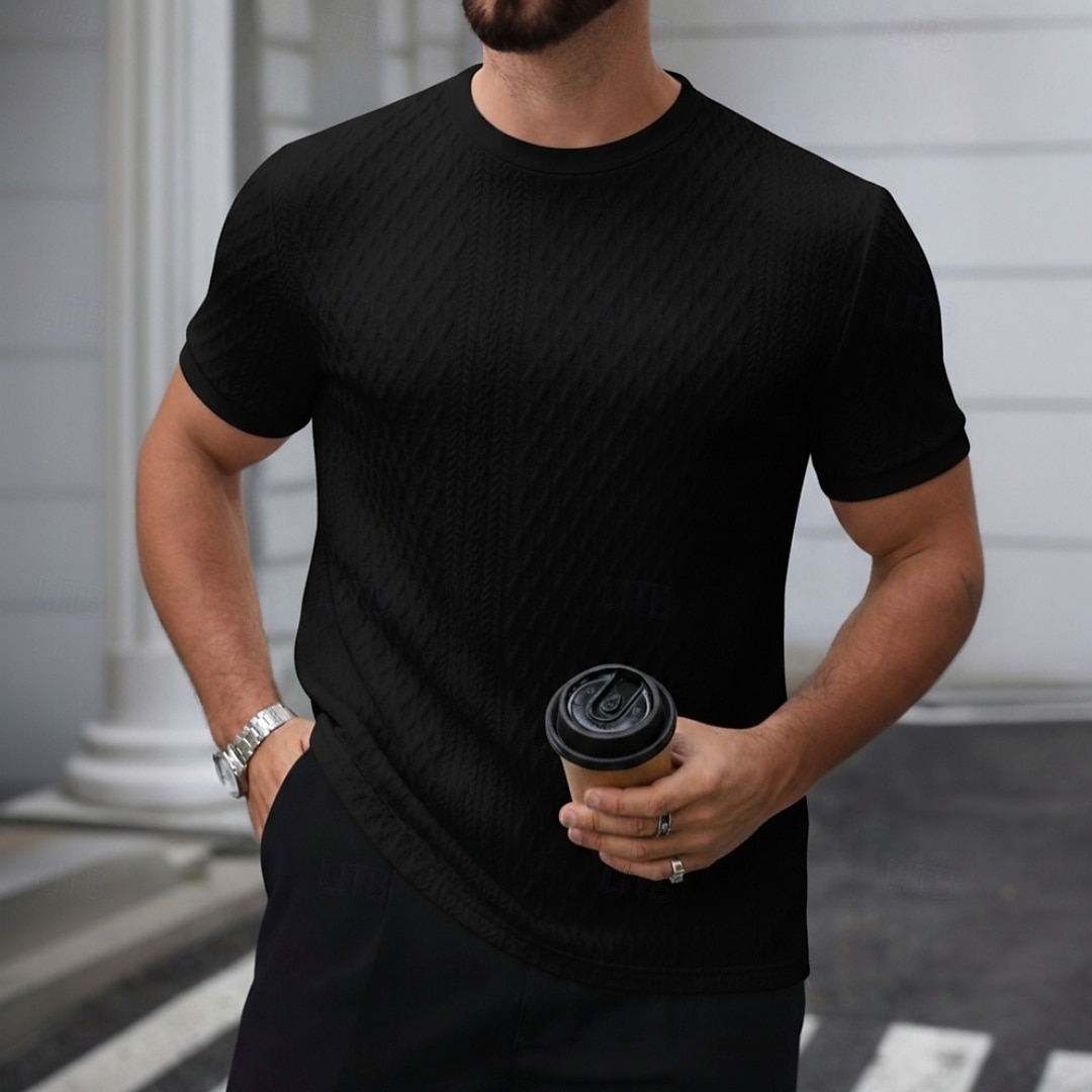 Homme T-shirt Manches courtes Col ras du cou Été Printemps Toutes saisons Couleur Unie Texturé Mode Designer Basique Jacquard Pur Occasionnel Vacances Décontracté Quotidien bleu marine T-shirt haut de 2026 ? $20.99 –P7