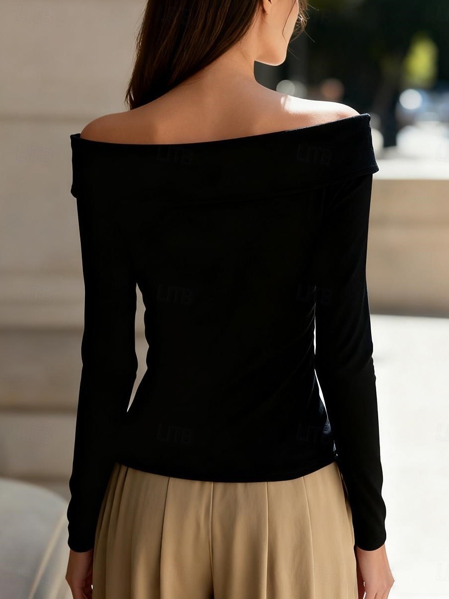 Mulheres Blusa Botões Côr Sólida à moda Casual Manga Longa Ombro a Ombro Tops regulares Diário Preto Branco Primavera Outono de 2026 por $28.99 –P5