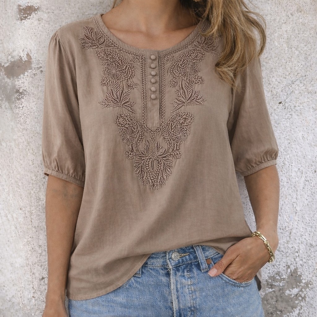 Per donna Maglietta in cotone e lino T-shirt ricamata Bottoni Vintage Etnico Casual Mezza Manica Manica a Palloncino Henley Top Regolari Quotidiano Uscire Blu Bianco Giallo Arancione Cachi Estate del 2026 a $21.99 –P1