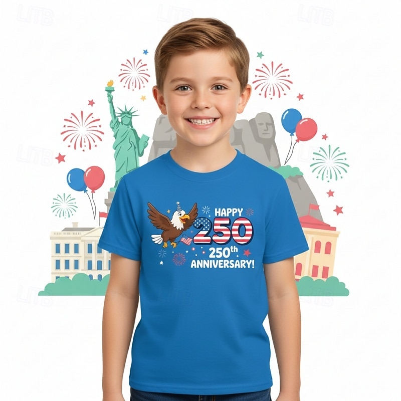 2026年 男の子 3D グラフィック フクロウ 250周年 Tシャツ Ｔシャツ 半袖 3Dプリント 夏 春 スポーツ ファッション ストリートファッション 子供 4〜12年 クルーネック カジュアル 日常 アウトドア レギュラー  コレクション – $15.99 –P1