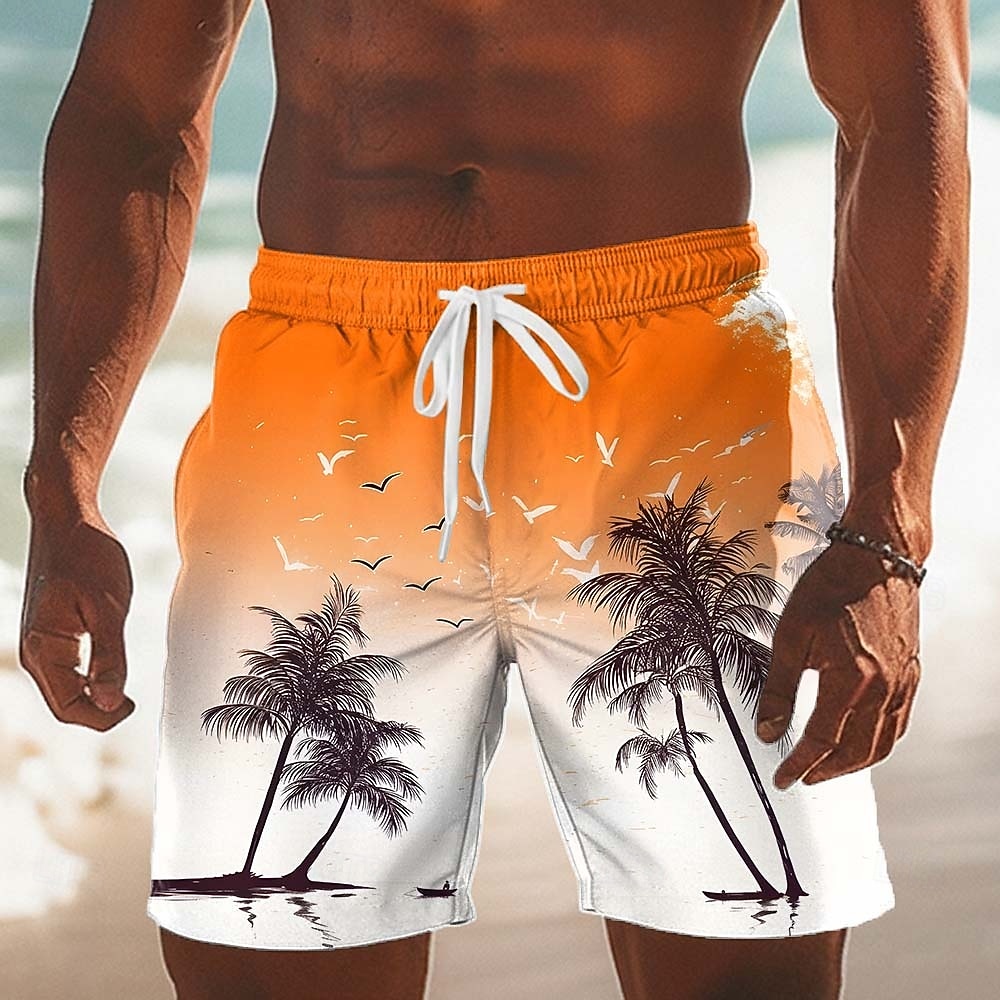 2026年 男性用 ココナッツの木 グラデーションカラー 熱帯植物 スイムトランク スイムショーツ ボードショーツ ミディアムウエスト ハワイアン ビーチでの休暇 サイドポケット メッシュライニング 伸縮性のあるドローストリングウエスト デザイナー 衣類  コレクション – $20.99 –P1