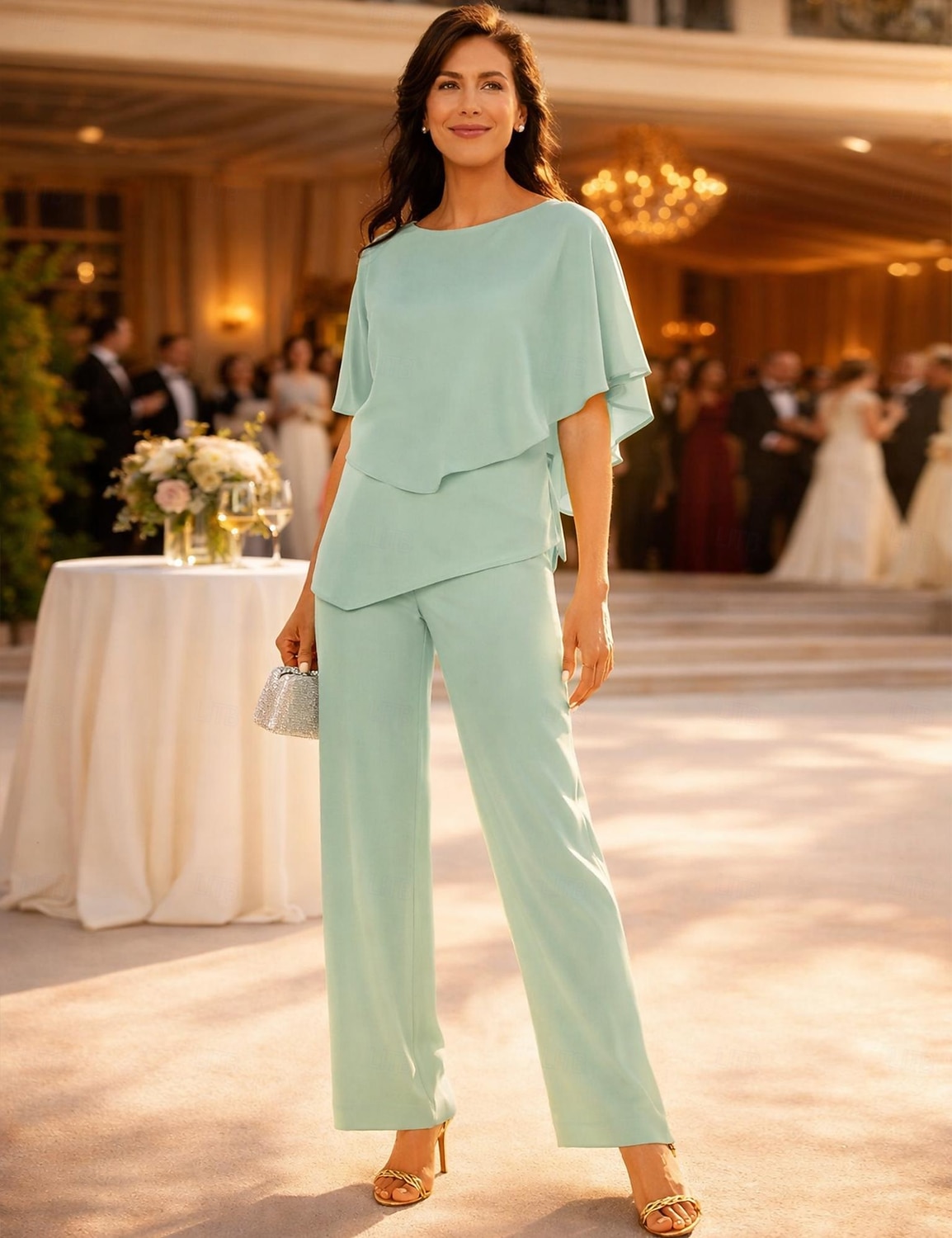 Due Pezzi Lunghezza al pavimento Abito da cerimonia per signora Manica Corta Collo gioiello Elegante Petite Ospite di nozze Chiffon con Arricciato del 2026 a $160.99 –P6