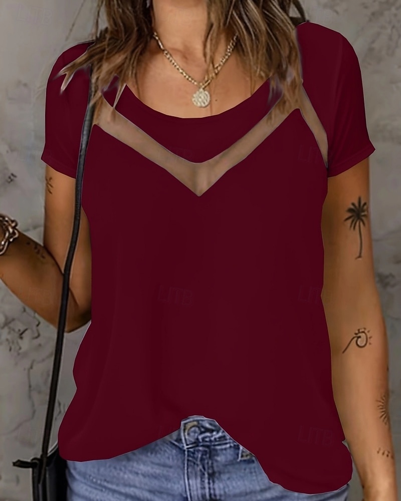 Mujer Camiseta Camiseta superior Encaje Plano Moda Elegante Clásico Manga Corta Cuello Barco Tops regulares Diario Noche Fin de semana Azul Piscina Negro Blanco Rojo Verano Primavera 2026 - $19.99 –P6