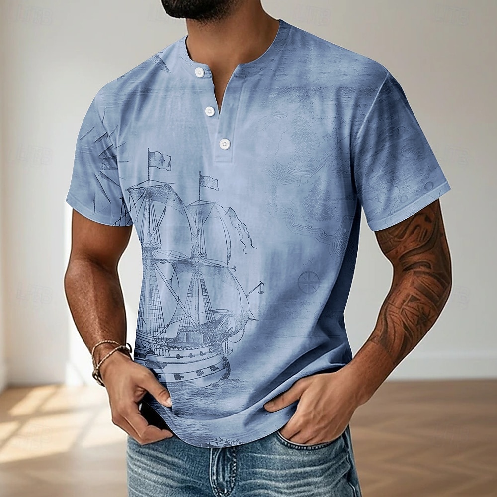 Herre Årgang T skjorte Henly-skjorte Kortermet Designer Retro / vintage Henley Avslappet Daglig Gate Sommer Vår Blå Grå Lilla Grønn Kakifarget Henley Henley T-skjorte 2026 - $18.99 –P1