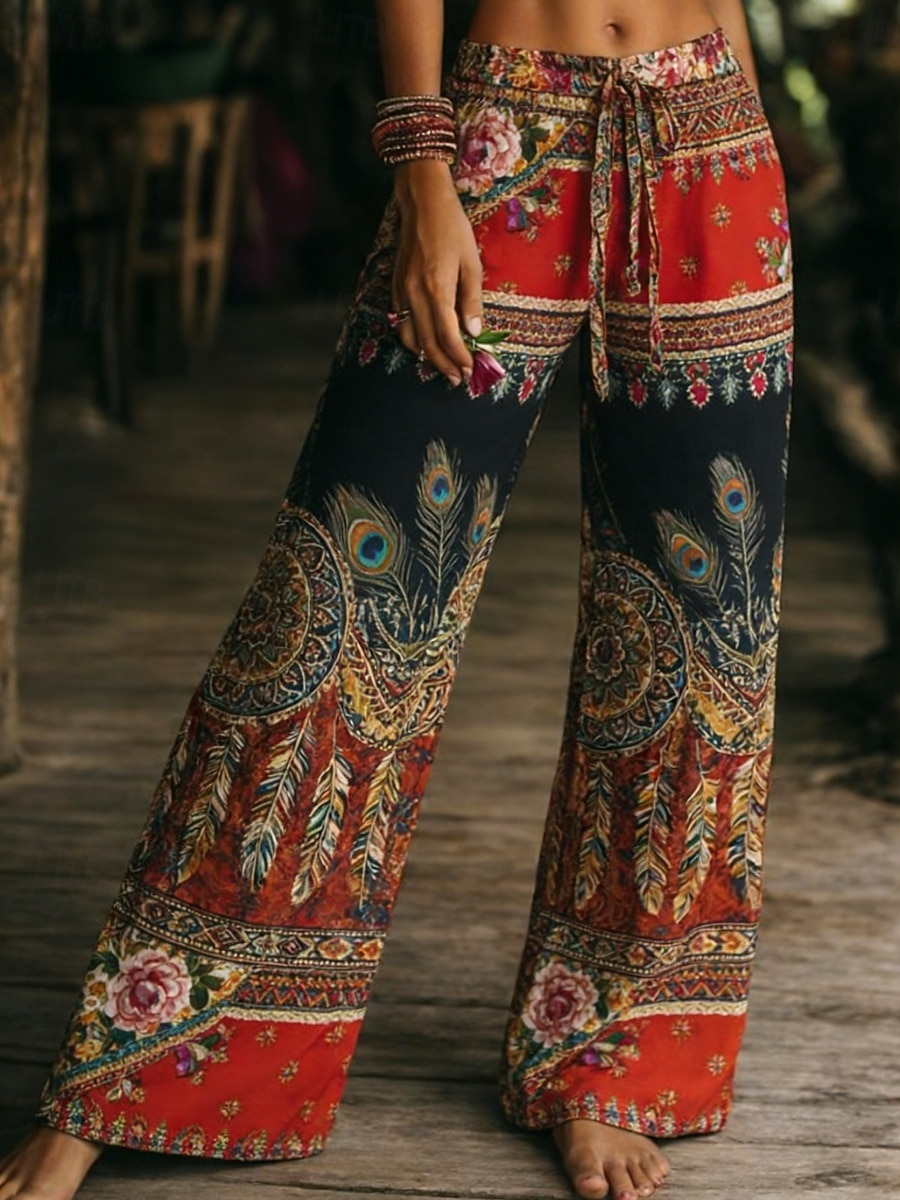 Femmes Jambe large Pantalons Vacances Mode Boho Longueur complète Taille Moyenne Fleuri Avec Poches Taille Élastique Imprimé Confortable Respirabilité Non Elastique Quotidien Extérieur Vacances Rouge de 2026 ? $37.99 –P1