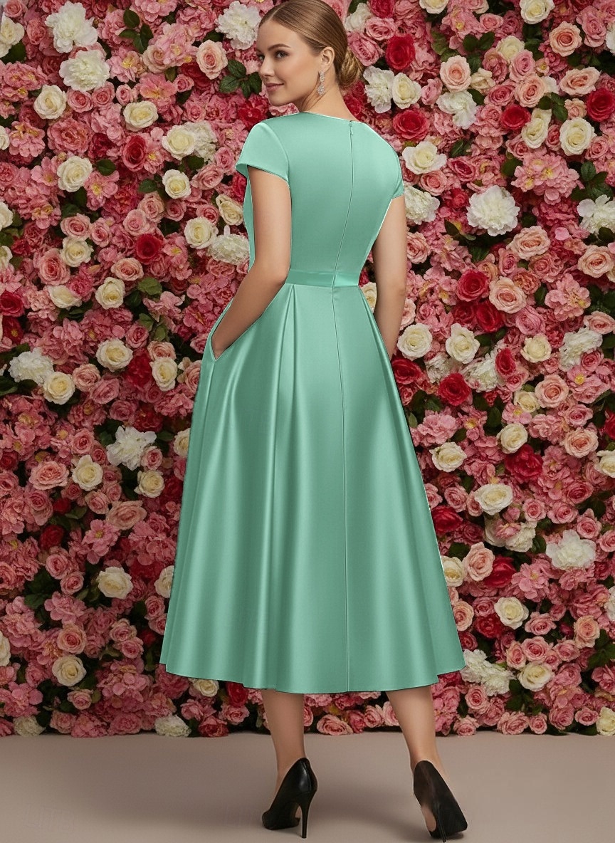 A-Line Tea Length Party Dress Cocktail Dress Wedding Guest Dress Mother of the Bride Dress Cap Sleeve V Neck Elegant Formal Wedding Guest Satin with Bow(s) 2026 - $126.99 –P2
