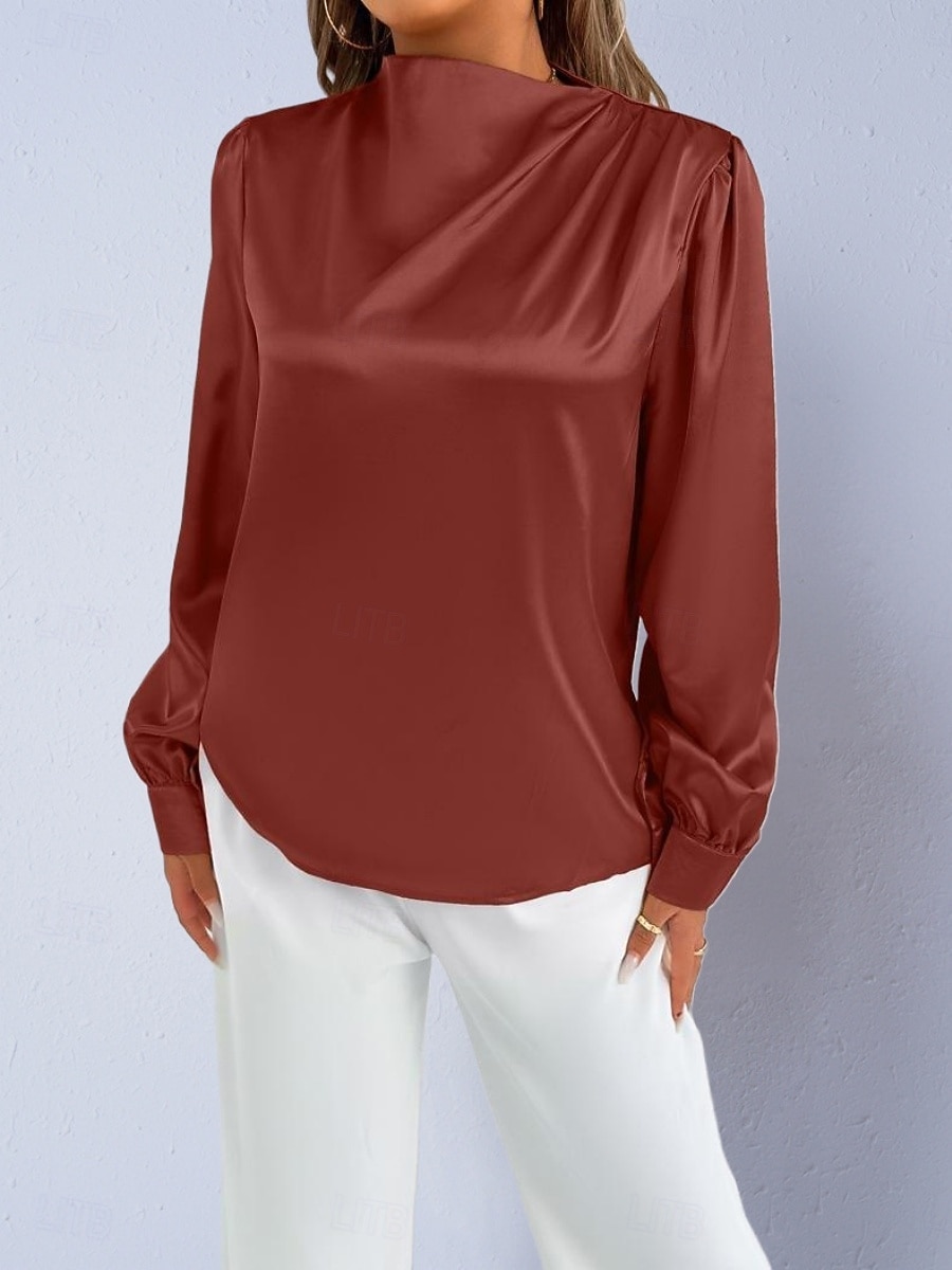 Dames Overhemd Satijnen overhemd Normaal shirt Met ruches Effen Stijlvol Basic Klassiek Lange mouw Hoge nek Normale tops Dagelijks Feestdagen Uitgaan Zwart Wit Wijn Rood Lente Herfst 2026 - $22.99 –P9