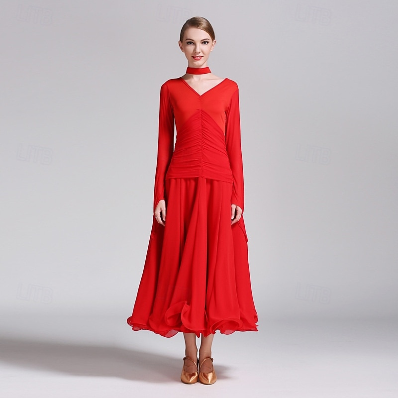 Vestido de baile de salón rojo para mujer, cuello en V, cintura fruncida, manga larga, vestido de vals, traje de competición estándar moderno. 2026 - $123.99 –P3