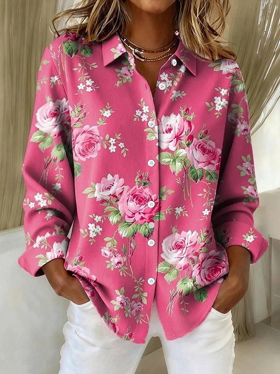 Femmes Chemise Patchwork Boutons Imprimé Fleuri Graphique ancien Élégant Moderne manche longue Col de chemise Hauts Réguliers Quotidien Bleu Rose Claire Été Printemps de 2026 ? $32.99 –P2