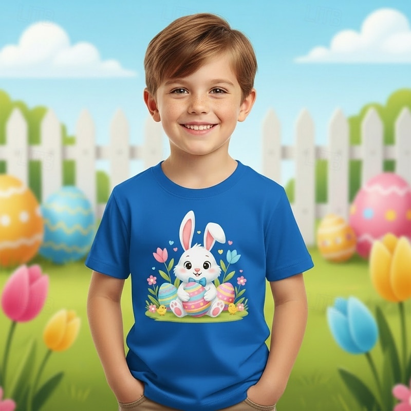 2026年 コットン１００％ イースター 子供 男の子 ブルー ブラック ホワイト グラフィック バニー Tシャツ ブラウス クルーネック 半袖 カジュアル 日常 アウトドア ファッション ストリートファッション デザイナー プリント 夏 春  コレクション – $19.99 –P4