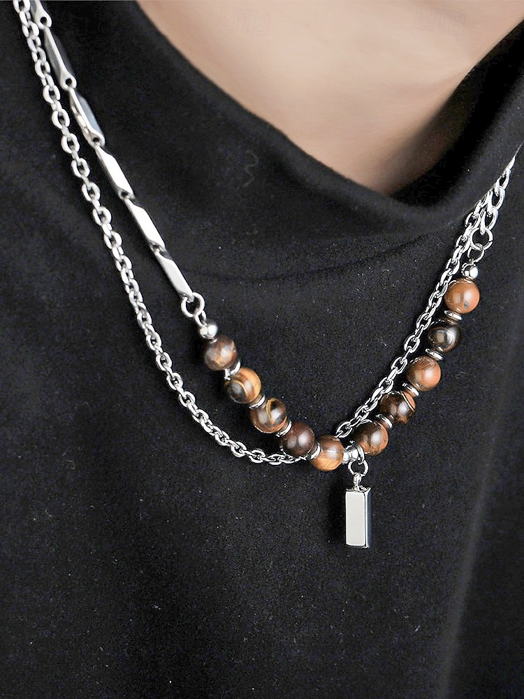 Мужское ожерелье из сплава и бусин тигрового глаза, двухслойная цепочка с подвеской, повседневный стиль бохо, прочное и стильное, идеально подходит для отдыха, курортной одежды и повседневной носки. 2026 - $11.99 –P3