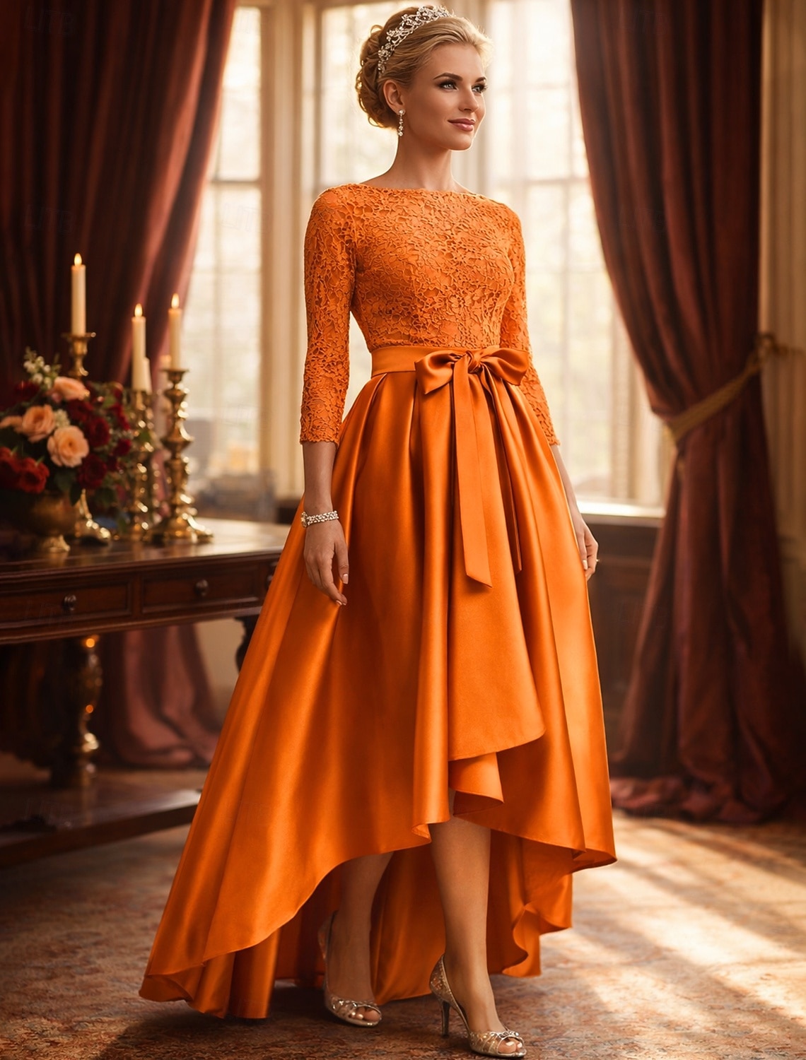 A-linje Asymmetrisk Festklänning Cocktail klänning Bröllopsgästklänning Klänning till brudens mor 3/4 ärm Prydd med juveler Elegant Plusstorlek Kort och lång Bröllopsgäst Satäng Spets med Bälte 2026 - $153.99 –P1