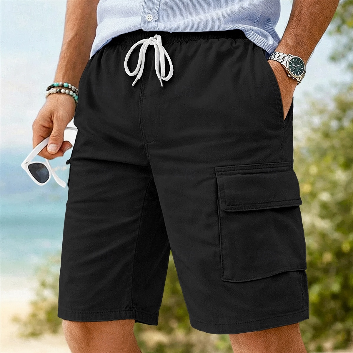 Homme Shorts cargo Shorts Shorts en Lin Shorts d'été Shorts de plage Cordon de serrage Taille Élastique Uni Confort Respirant Longueur Genou Quotidien Extérieur Plage Vacances Mode Noir bleu marine de 2026 ? $24.99 –P8