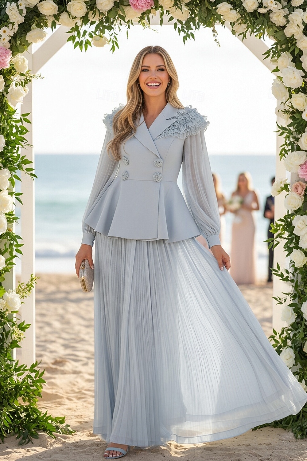 Zweiteilig A-Linie Knöchellänge Kleid für Hochzeitsgäste Kleider für Hochzeitsgäste Elegant Vintage Täglich Langarm Revers Gartenparty Hochzeit mit 3D-Blumen Falten 2026 - $137.99 –P4