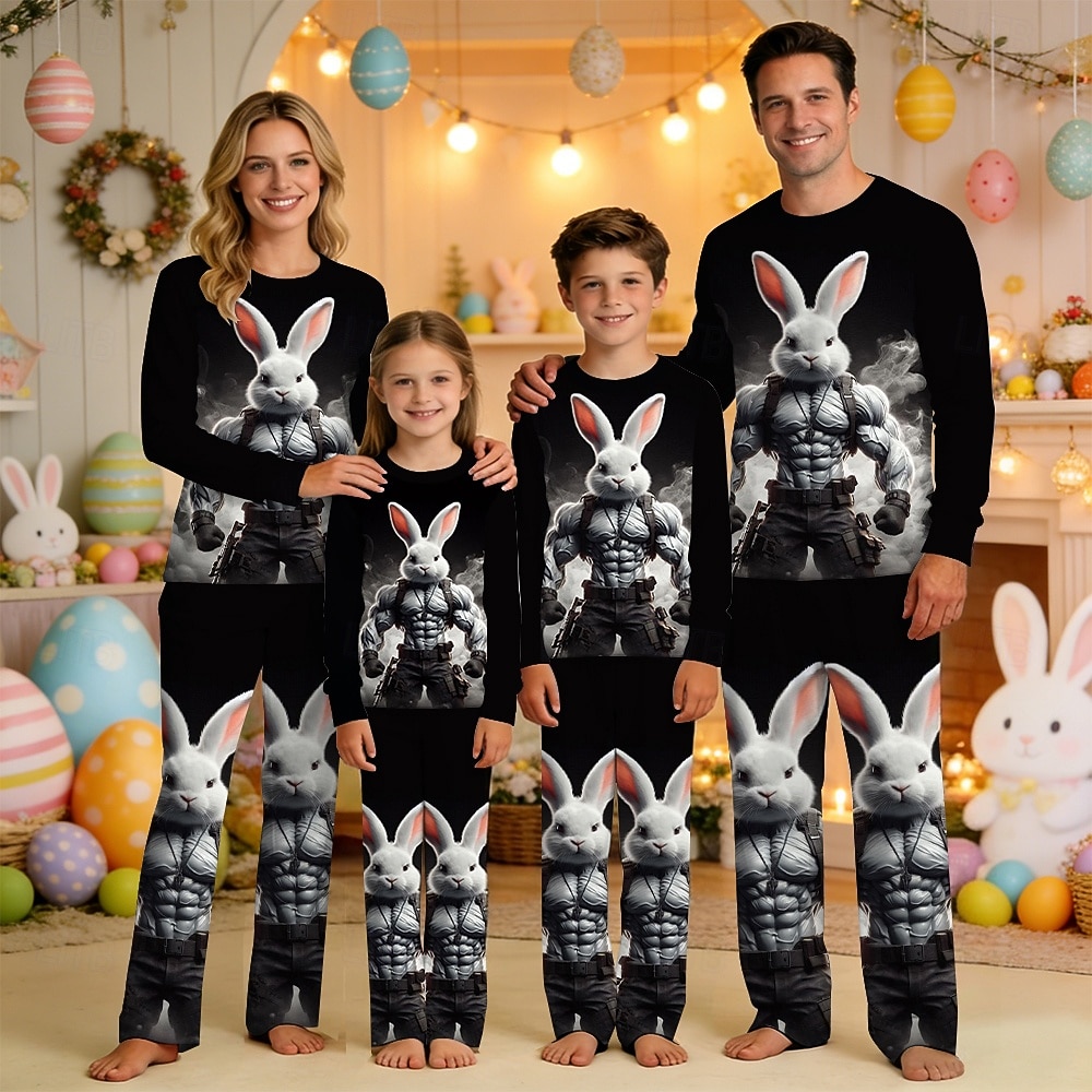 Family Easter Pajamas Graphic Bunny Casual Print Blue Black White Long Sleeve Vacation Matching Outfits 2026 - $23.99 –P5
