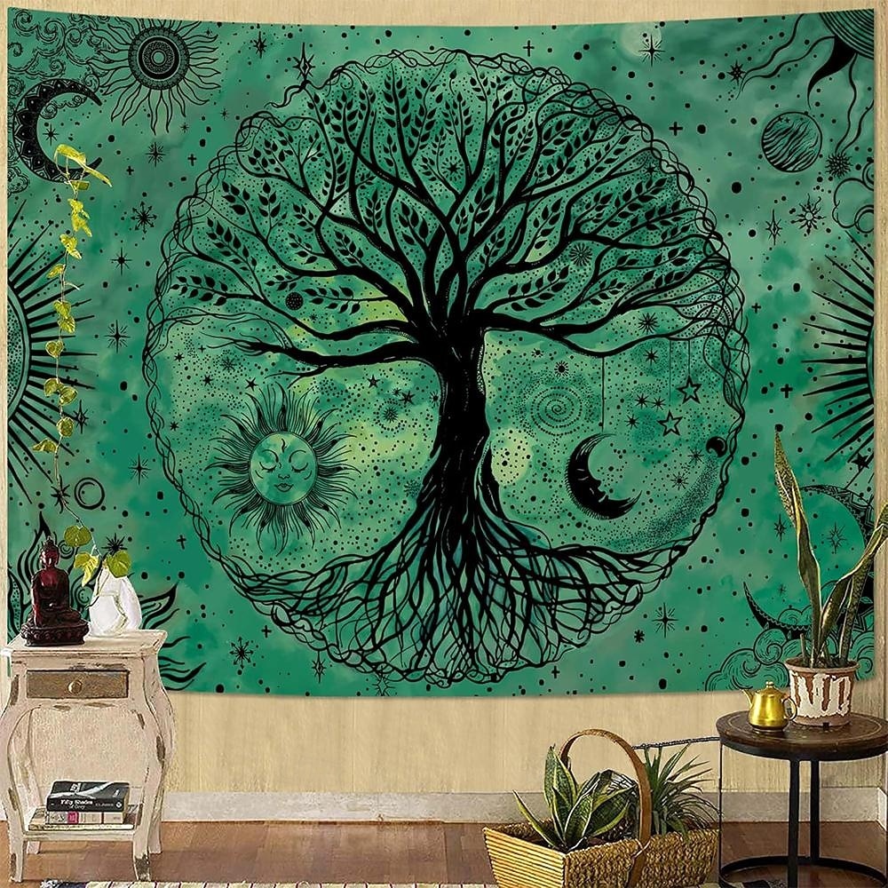 Wandteppich mit Lebensbaum-Motiv aus Buntglas im Mosaikstil, farbenfrohe und lebendige Kunst, Heimdekoration für Wohnzimmer und Schlafzimmer, großes Stoffposter 2026 - $20.99 –P7