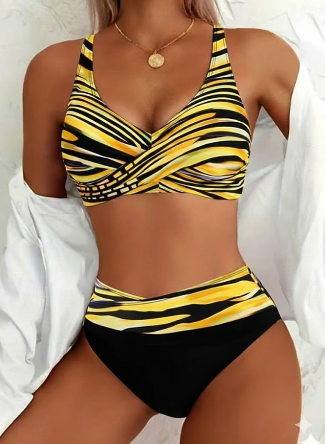 Costume da bagno da donna bikini a 2 pezzi con vita alta moda vacanziera grafica a righe collo V costumi da bagno senza maniche del 2026 a $32.99 –P5