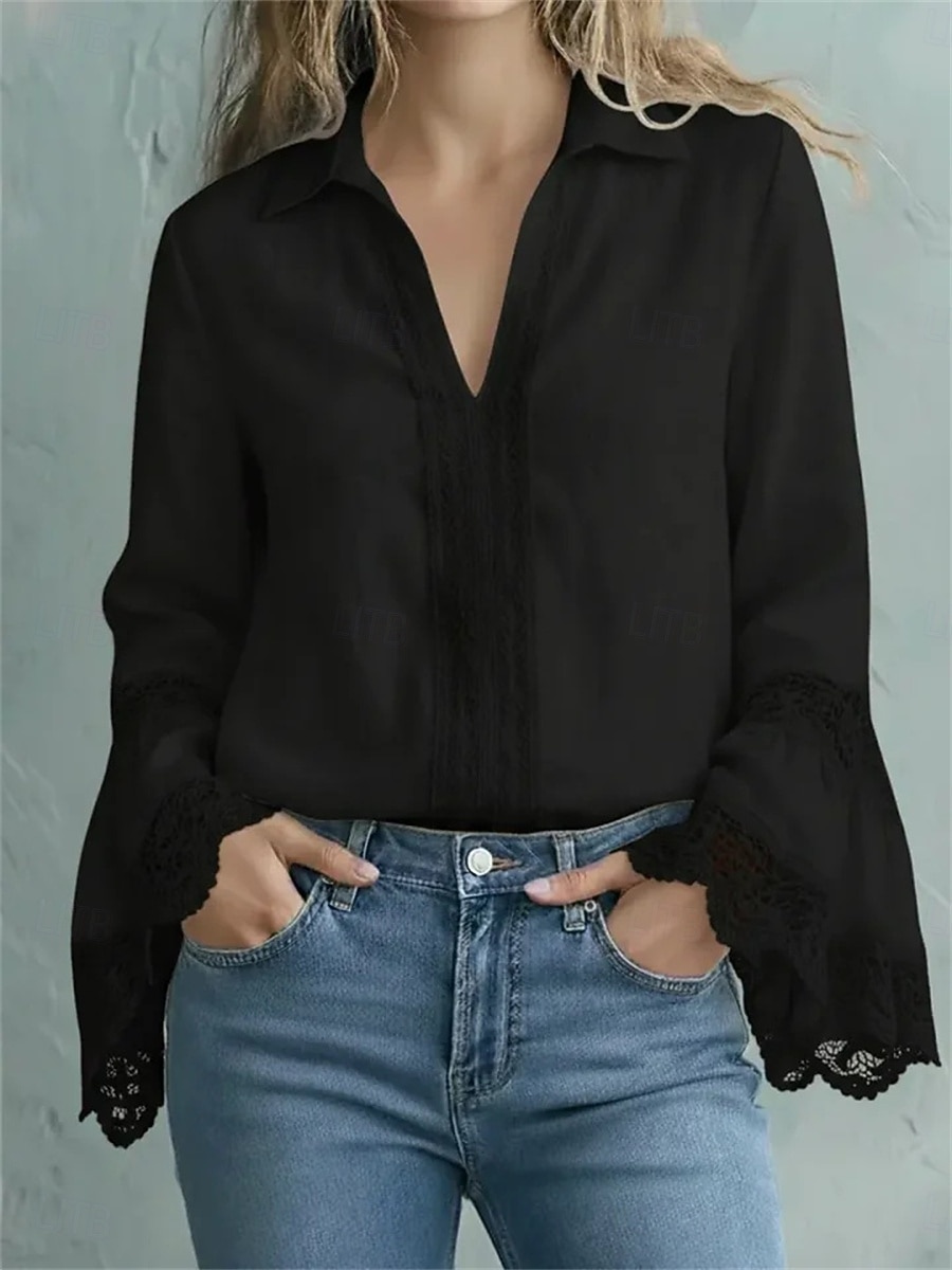 Damen Bluse Elegante Oberteile Spitzentops Gerafft Spitze Patchwork Einfarbig Einfach Elegant Damen Stilvoll Langarm V Ausschnitt Normale Oberteile Täglich Arbeit Ferien Blau Schwarz Weiß Rosa 2026 - $25.99 –P2
