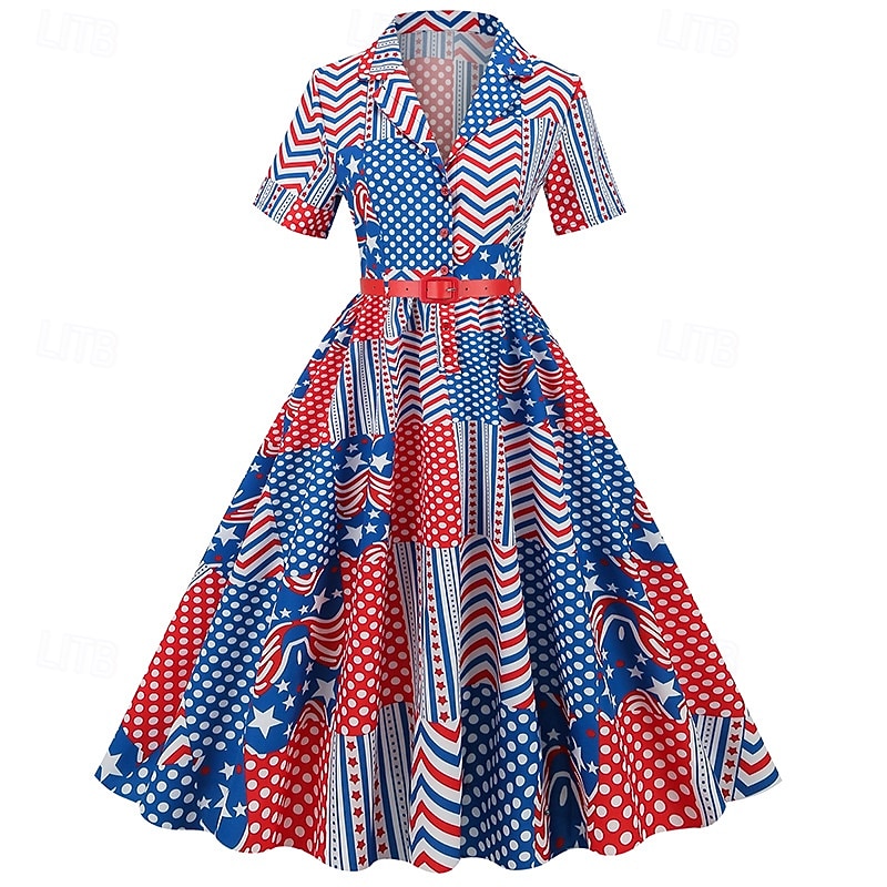 250e anniversaire des États-Unis Années 1950 Rétro Vintage Midi Robe Robe trapèze Robe Évasée Manches courtes Drapeau des États-Unis Ajusté & Évasé Balançoire Déguisement Femmes 4 Juillet Jour de de 2026 ? $34.99 –P1