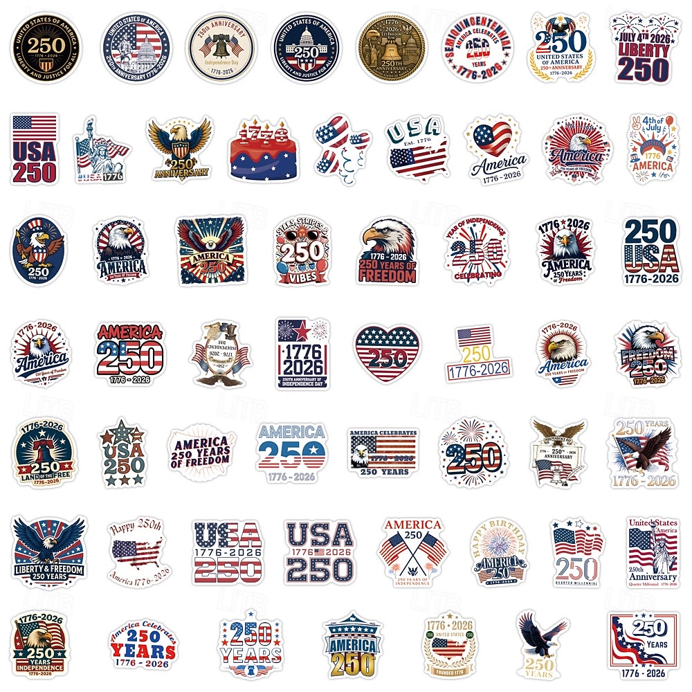 55 patriotische Aufkleber zum 250. Jahrestag, wasserfeste Vinyl-Aufkleber mit amerikanischer Flagge für Wasserflaschen, Laptop-Dekorationen zum Unabhängigkeitstag (4. Juli) 2026 - $9.99 –P2