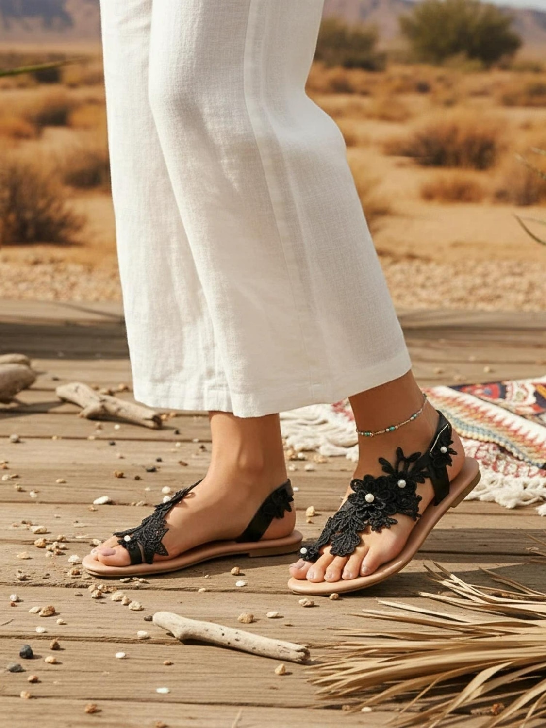 damskie białe koronkowe sandały ślubne z kwiatowym wzorem – ręcznie robione płaskie sandały ślubne na plażę i wesela w stylu boho 2026 - $18.99 –P2