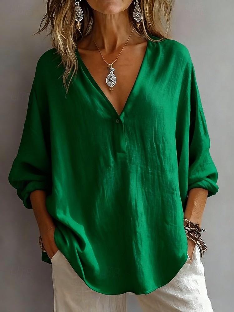 Blusa de mujer 100% algodón, color liso, estilo vintage, elegante, moderna, de manga larga, con cuello en V, para uso diario, festivo, salidas, blanca, rosa, azul cielo, verde, primavera y otoño. 2026 - $24.99 –P6