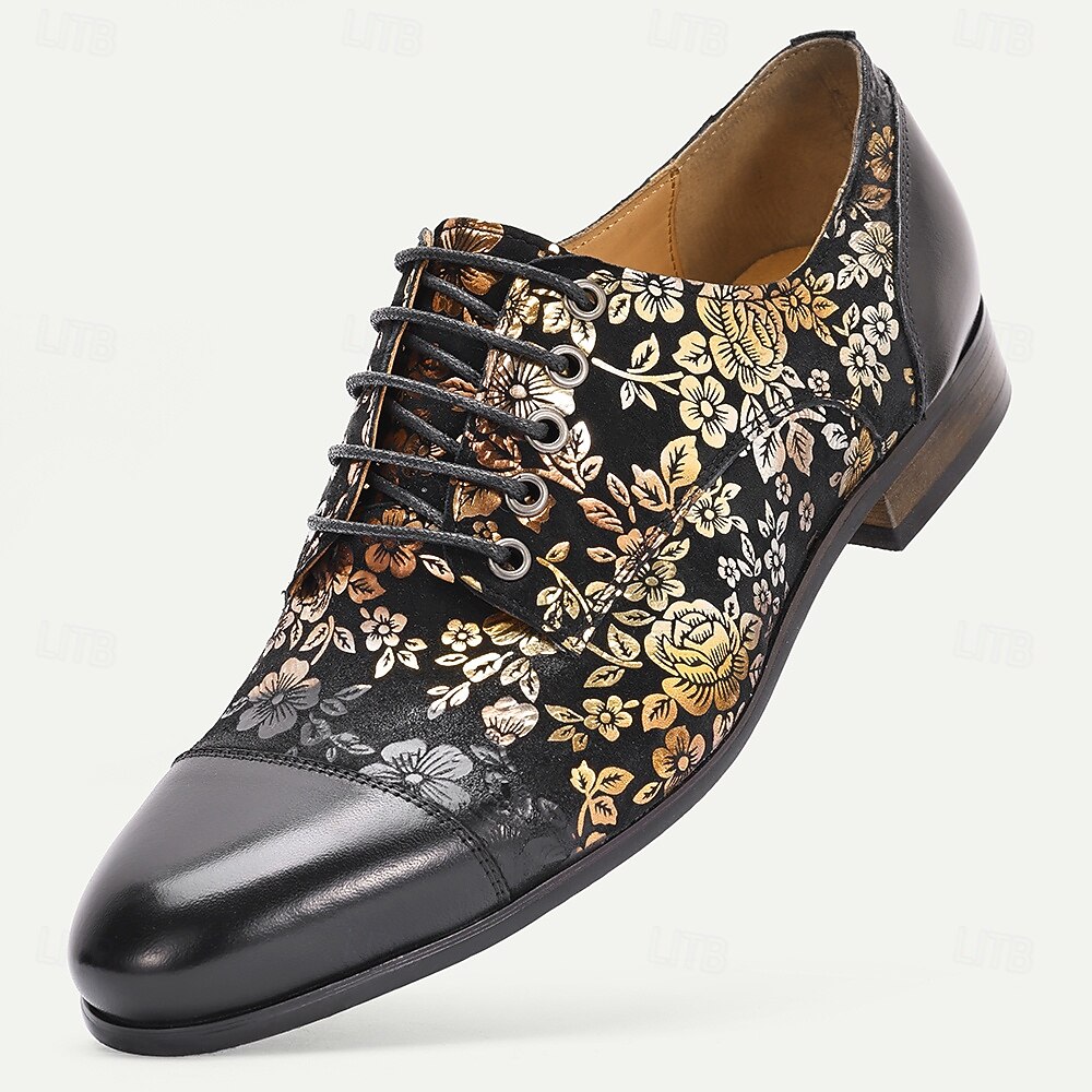 Κομψά ανδρικά δερμάτινα νυφικά παπούτσια - μαύρα με χρυσό φλοράλ μοτίβο, υποδήματα υψηλής ποιότητας για γάμους και επίσημες γιορτές 2026 - $109.99 –P4