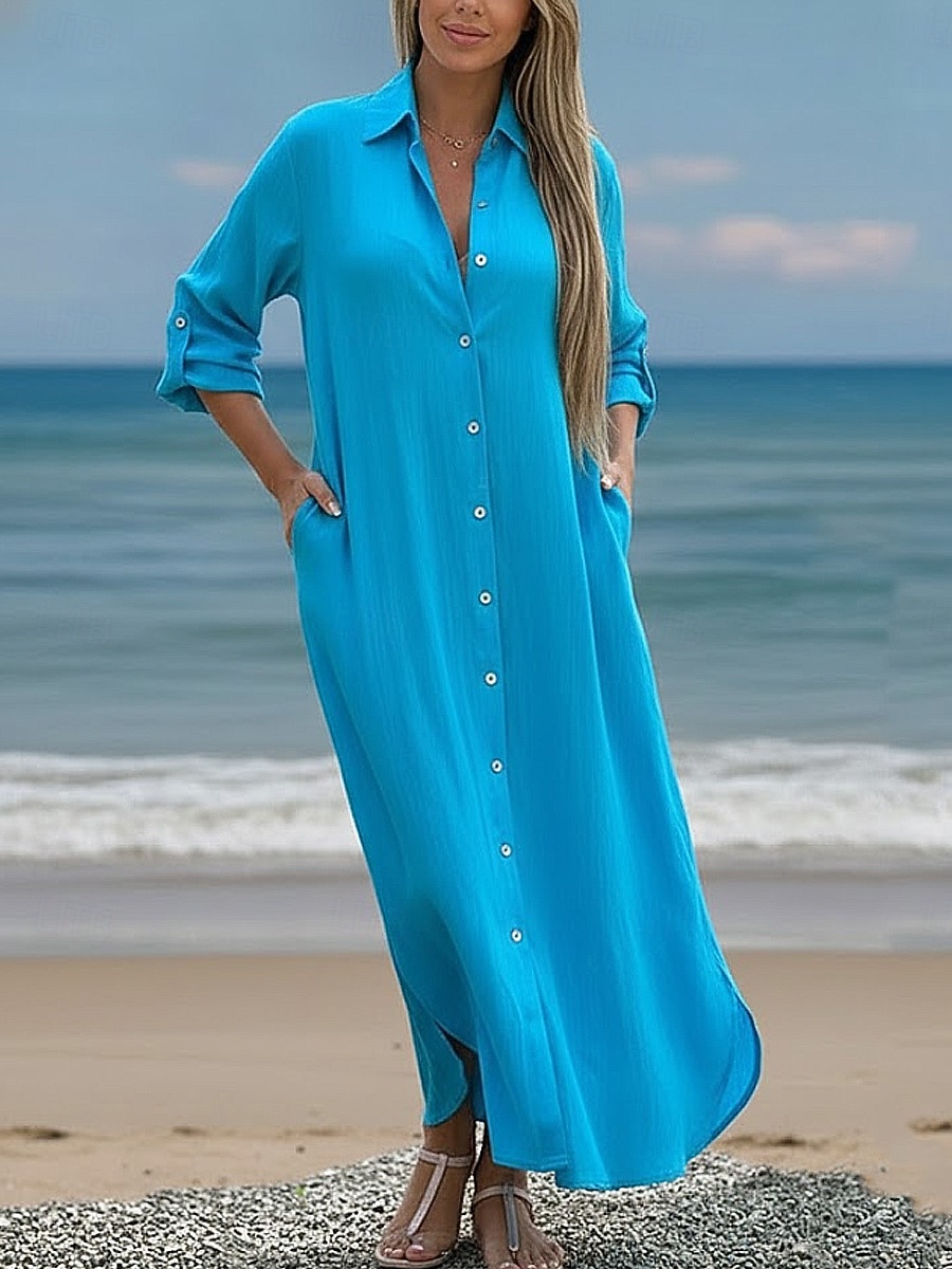 שמלת מקסי לנשים מכותנה ופשתן שמלת שינוי קזואלית יומית רחבה פשוטה עם שרוולים ארוכים צווארון כחול שחור לבן ירוק בהיר קיץ אביב סתיו 2026 - $41.99 –P11