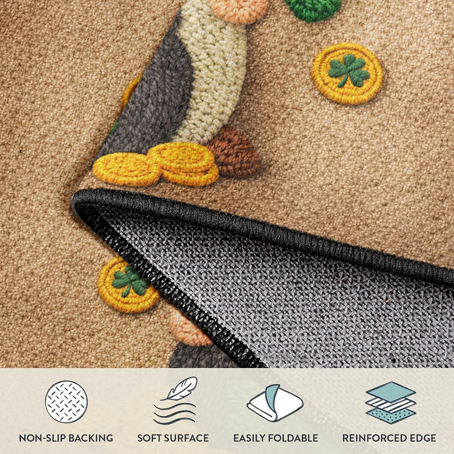 St Patrick's Day Doormat 2D Flat Print Design Featuring Gnome with Pot of Gold and Shamrocks on Sparkling Green Background 2026 - $10.49 –P6