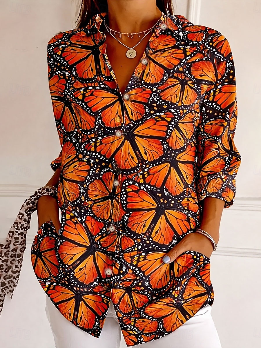 בגדי ריקוד נשים חולצה כפתורים דפוס Ombre פרחוני גראפי אלגנטית וינטאג' מסוגנן שרוול ארוך צווארון חולצה חולצות רגילות יומי עבודה פול שחור סגול כתום אביב סתיו חורף 2026 - $41.99 –P1