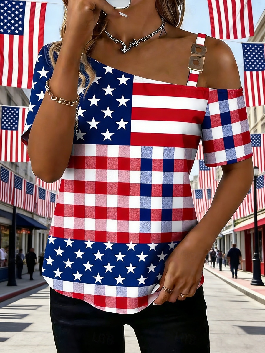 Amerikanischer Unabhängigkeitstag Damen T Shirt T-Shirt Druck Grafik Karomuster Amerikanische Flagge Mode Stilvoll Klassisch Kurzarm Ein-Schulter Normale Oberteile Täglich Ausgehen Wochenende Rote 2026 - $23.99 –P1