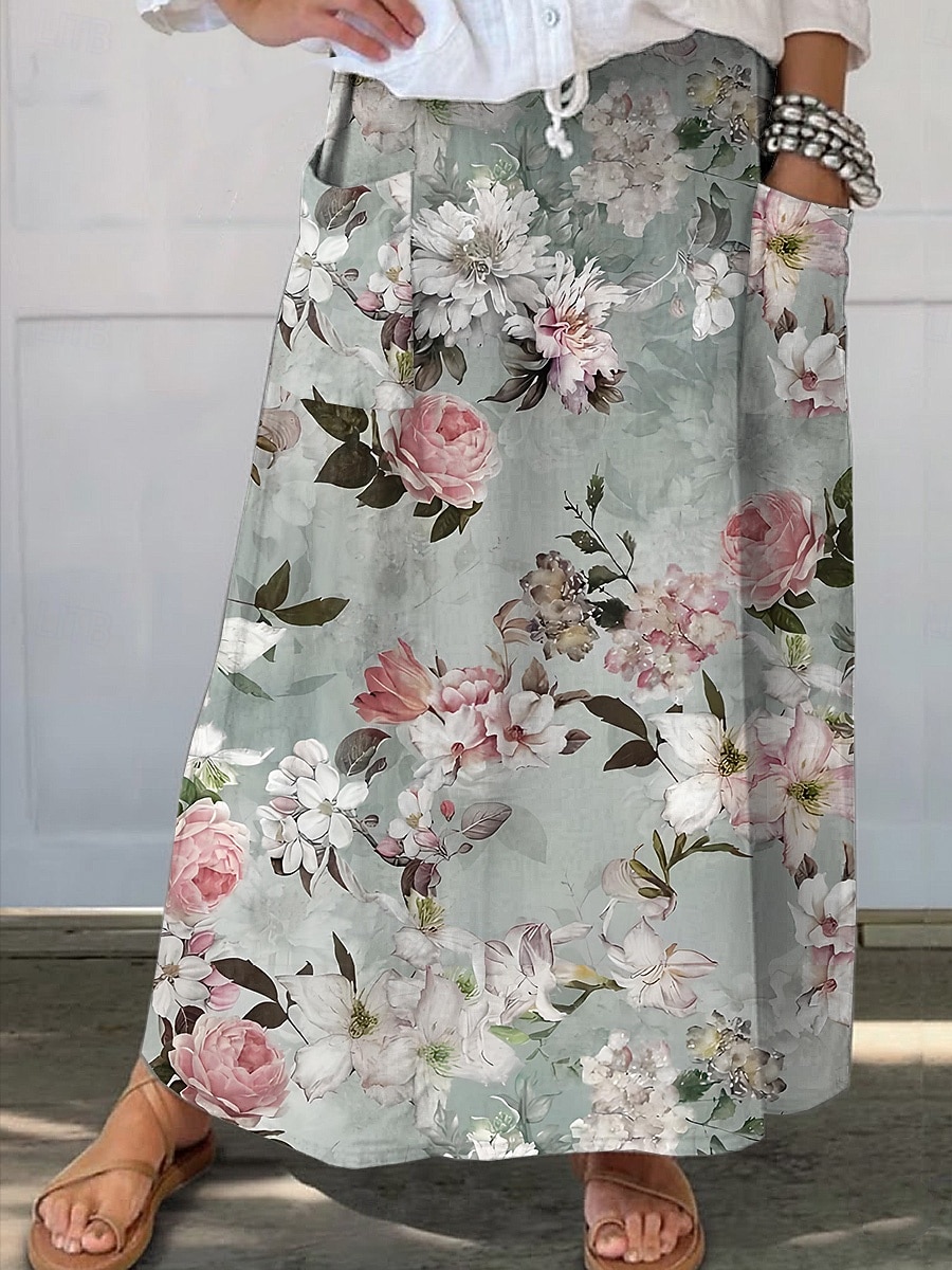 Pentru femei Casual Maxi Talie medie Fuste Floral Floral Inelastic Zilnic Vacanță Maro Albastru Închis Alb+Albastru Bej Vară 2026 - $34.99 –P3