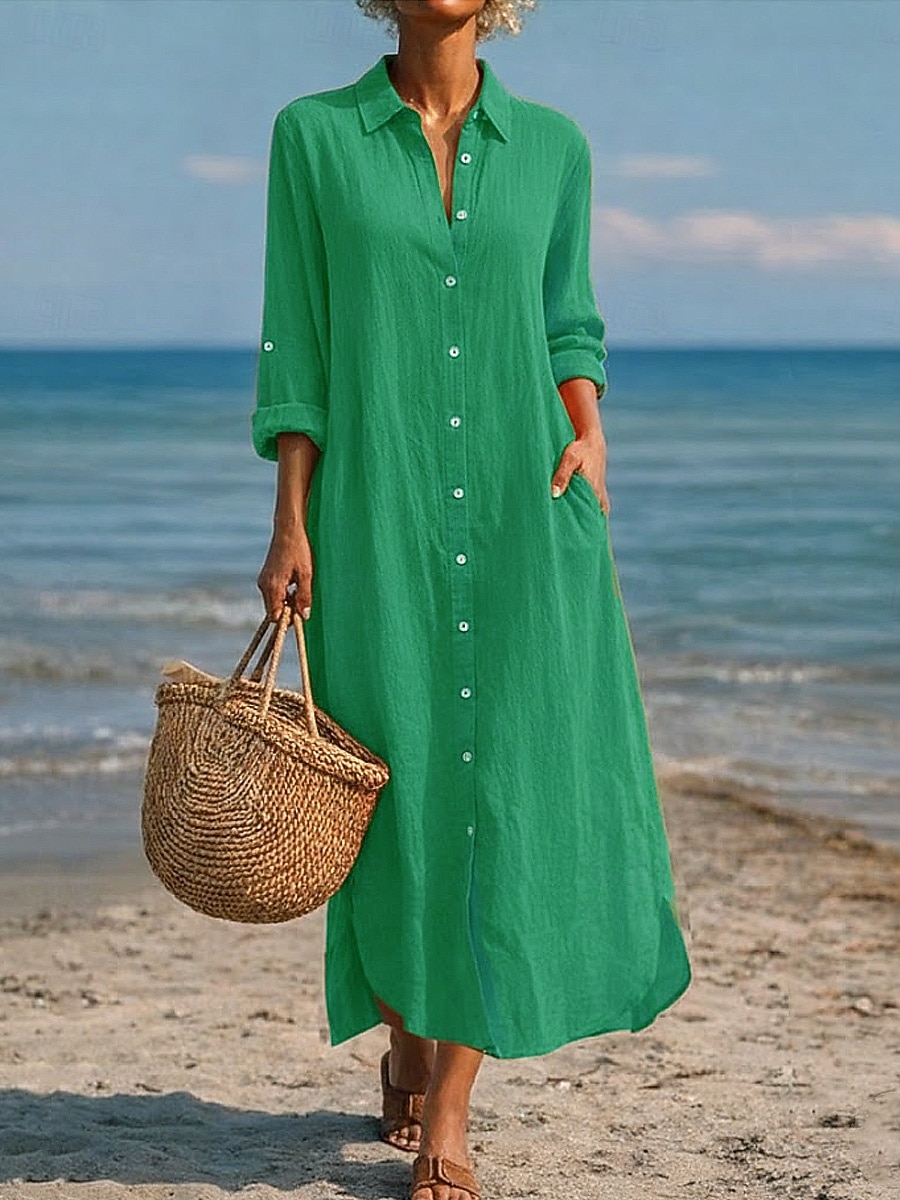 שמלת מקסי לנשים מכותנה ופשתן שמלת שינוי קזואלית יומית רחבה פשוטה עם שרוולים ארוכים צווארון כחול שחור לבן ירוק בהיר קיץ אביב סתיו 2026 - $41.99 –P9