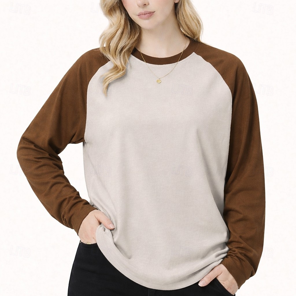 Women's 100% Cotton Oversized Tee Raglan T Shirt Patchwork Color Block Vintage Stylish Casual Long Sleeve Crew Neck Long Tops Daily Going out Brown And White Black and White Brown Summer Spring Fall 2026 - $37.99 –P5