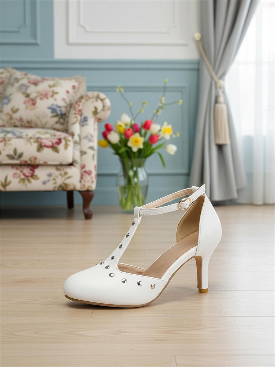 Pantofi cu toc mediu, negri, cu bareta în T și accente argintii, model Mary Jane pentru femei – stil elegant de zi cu zi, pentru ținute profesionale de birou și naveta elegantă 2026 - $46.99 –P2