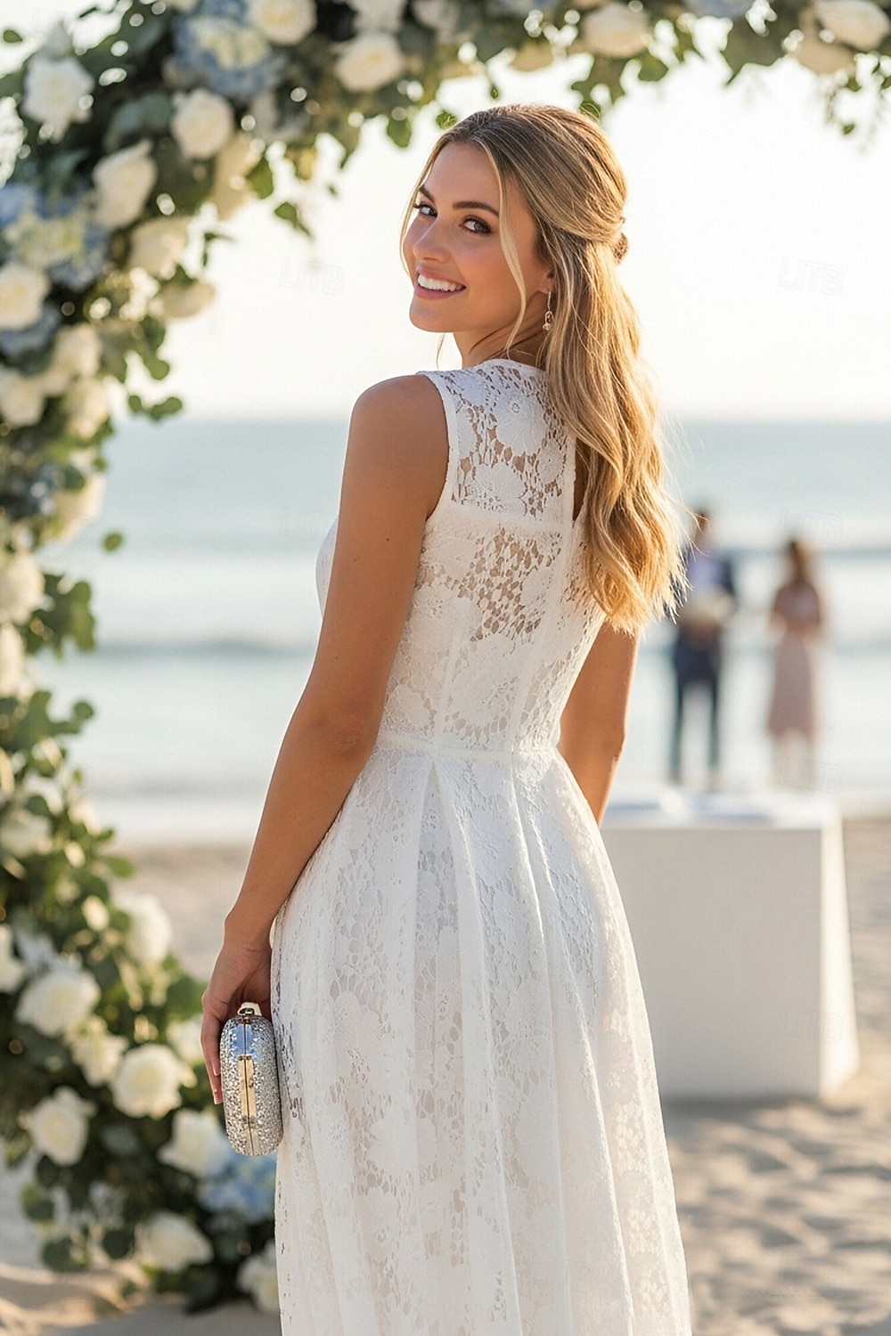 Corte A Vestido Midi Vestido de encaje Vestido blanco pequeño Elegante Vestidos Blancos Sin Mangas Cuello Barco Boda con Encaje Plisado 2026 - $126.99 –P2