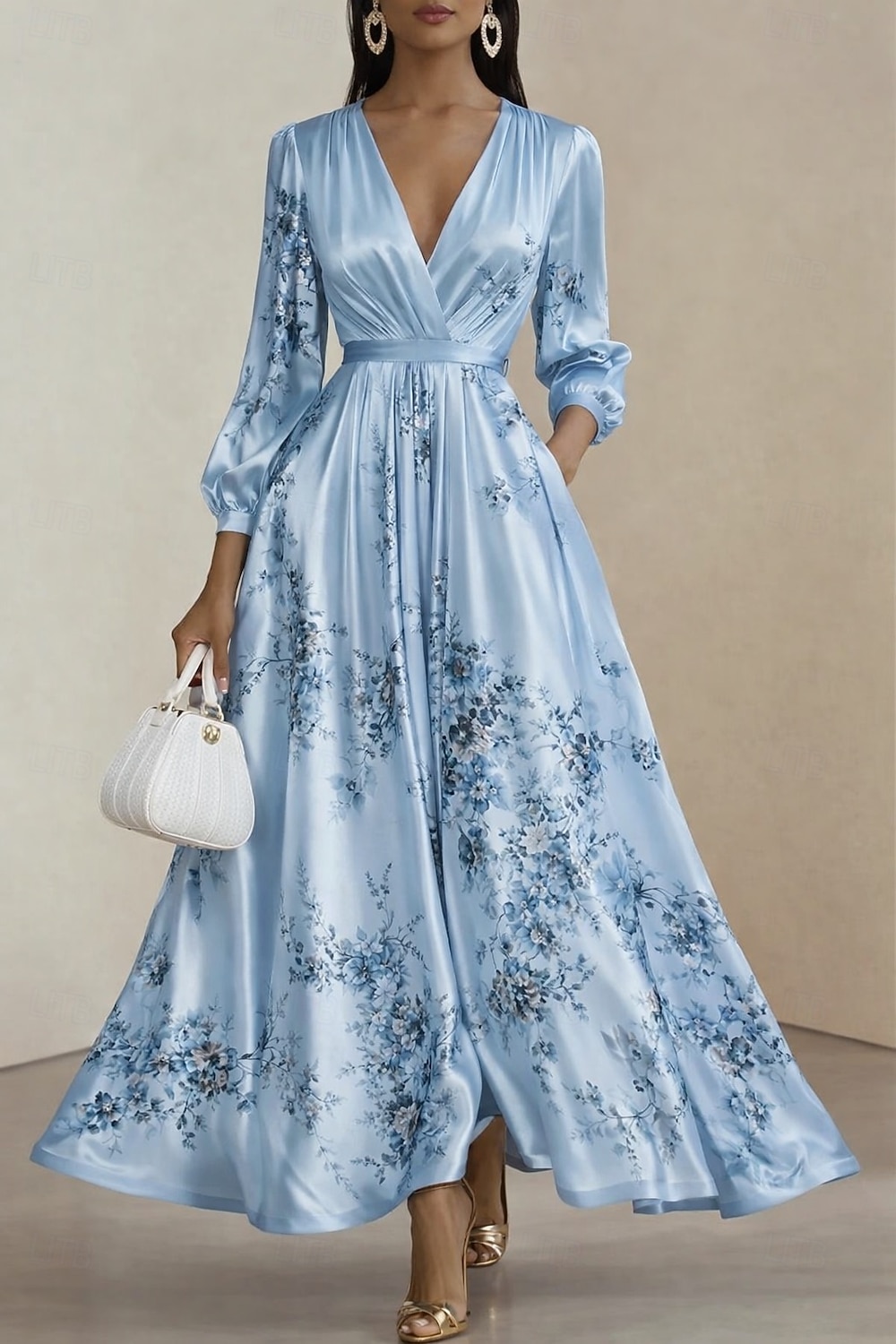 A-linje Gulvlengde Ankellengde Cocktailkjoler Elegant Blomster Langermet V-hals Hage fest Bryllup Sateng Cowlhals med Blomstertrykk 2026 - $185.99 –P1