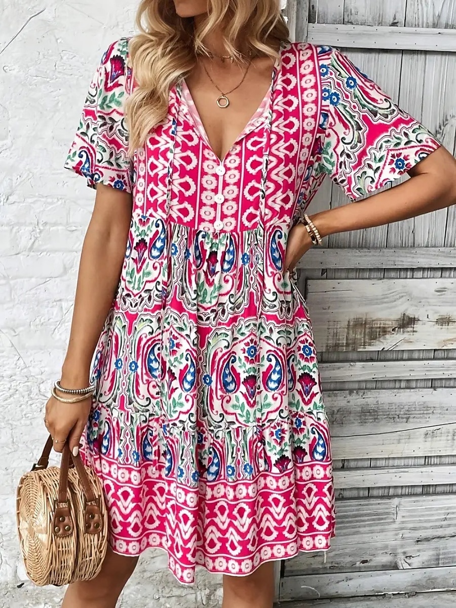 Dames Mini-jurk strand jurk A lijn jurk Bloemetjesjurk Elegant Modieus Modern Dagelijks Buiten Vakantie Normale pasvorm Geometrisch Korte mouw V-hals blauw Rood Marine Blauw Oranje Zomer Lente Herfst 2026 - $21.99 –P7