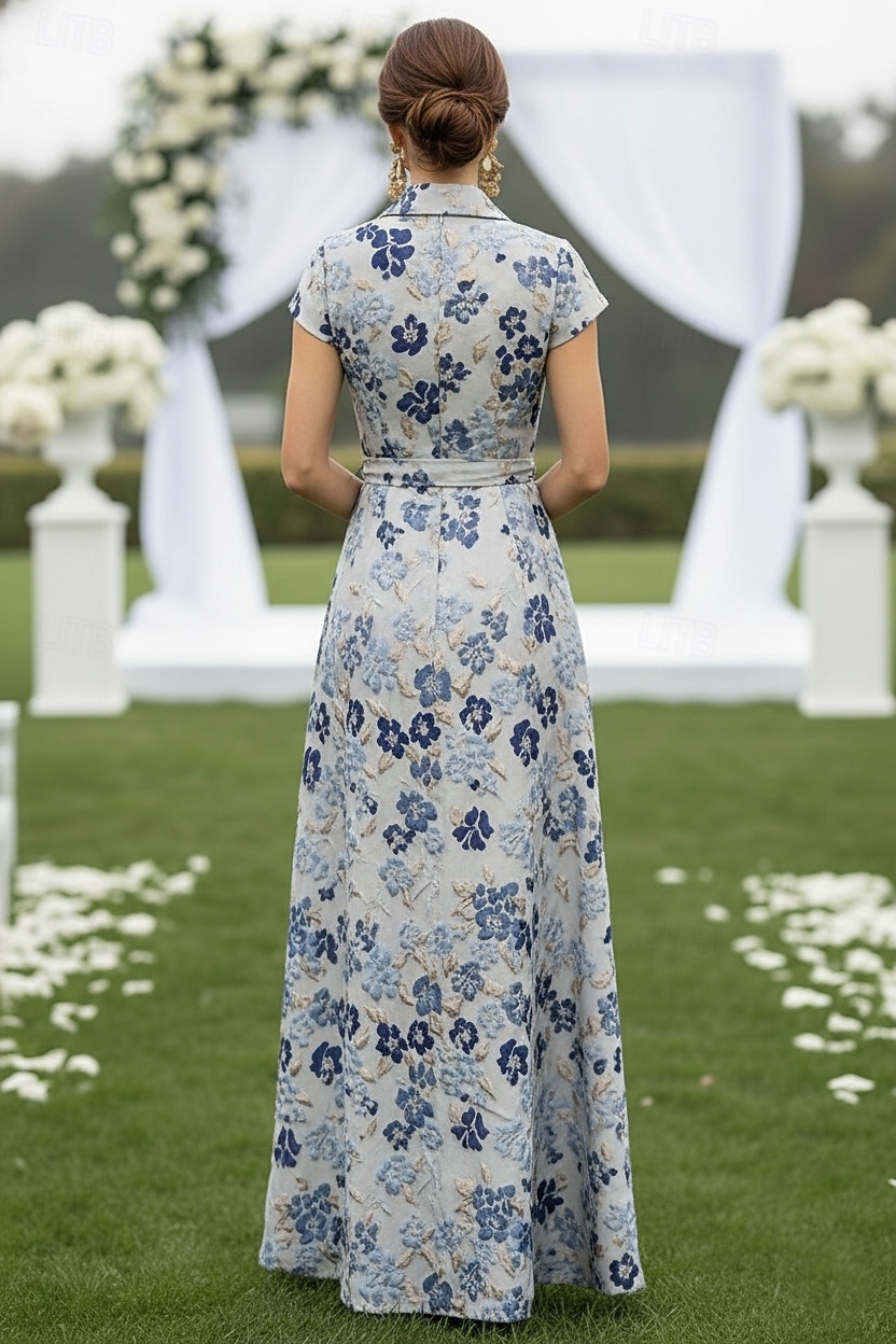 A-linje Gulvlengde Skjortekjole Gjestekjole til bryllup Formell kjole Kjole til brudens mor Kortermet V-hals Skjortekrage Elegant Formell Bryllupsgjest med Belte / bånd Delt front 2026 - $167.99 –P2