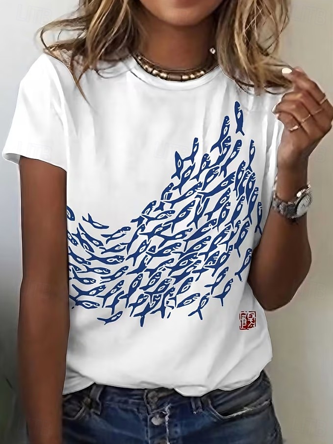 Mujer Camiseta Estampado Graphic Animal Vintage Elegante Clásico Manga Corta Cuello Barco Tops regulares Diario Fin de semana Azul Piscina Blanco Rosa Verano Primavera 2026 - $22.99 –P6