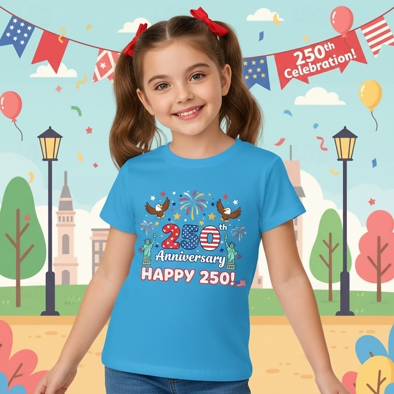 Mädchen 3D Grafik 250-jähriges Jubiläum T-Shirt Kurzarm 3D-Druck Sommer Frühling Sport Mode Streetwear Kinder 4-12 Jahre Rundhalsausschnitt Lässig Täglich Outdoor Normale Passform 2026 - $15.99 –P1