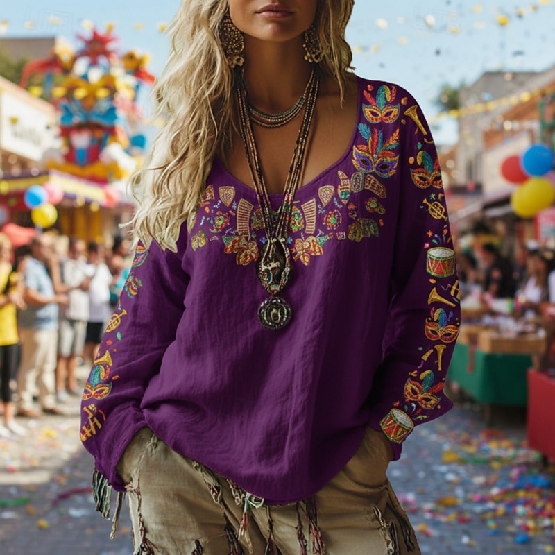 Carnaval Mardi Gras Mujer Camiseta bohemia Camiseta Camiseta superior Estampado Graphic Vintage Étnico Casual Manga Larga Escote en Pico Tops regulares Diario Fin de semana Ropa de vacaciones Lavanda 2026 - $25.99 –P3