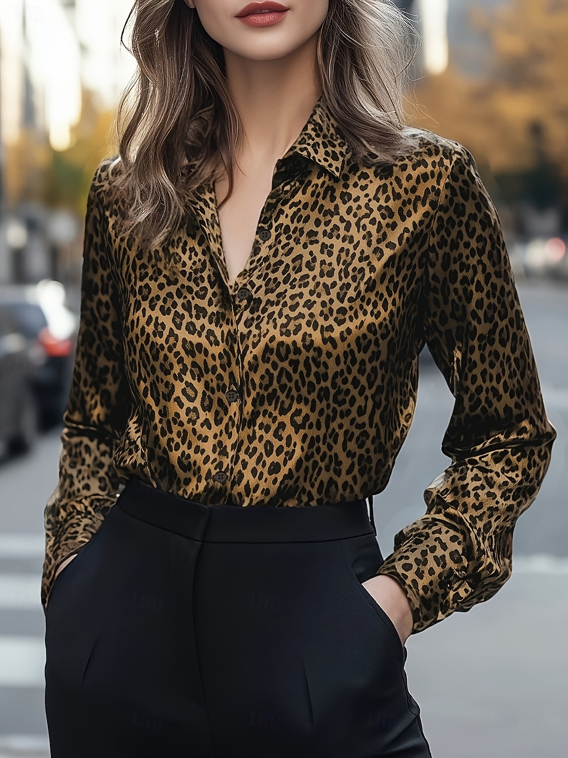 Women's Blouse Buttons Print Leopard Stylish Casual Long Sleeve Shirt Collar Regular Tops Daily Blue Silver Yellow Brown Spring Fall 2026 - $32.99 –P7