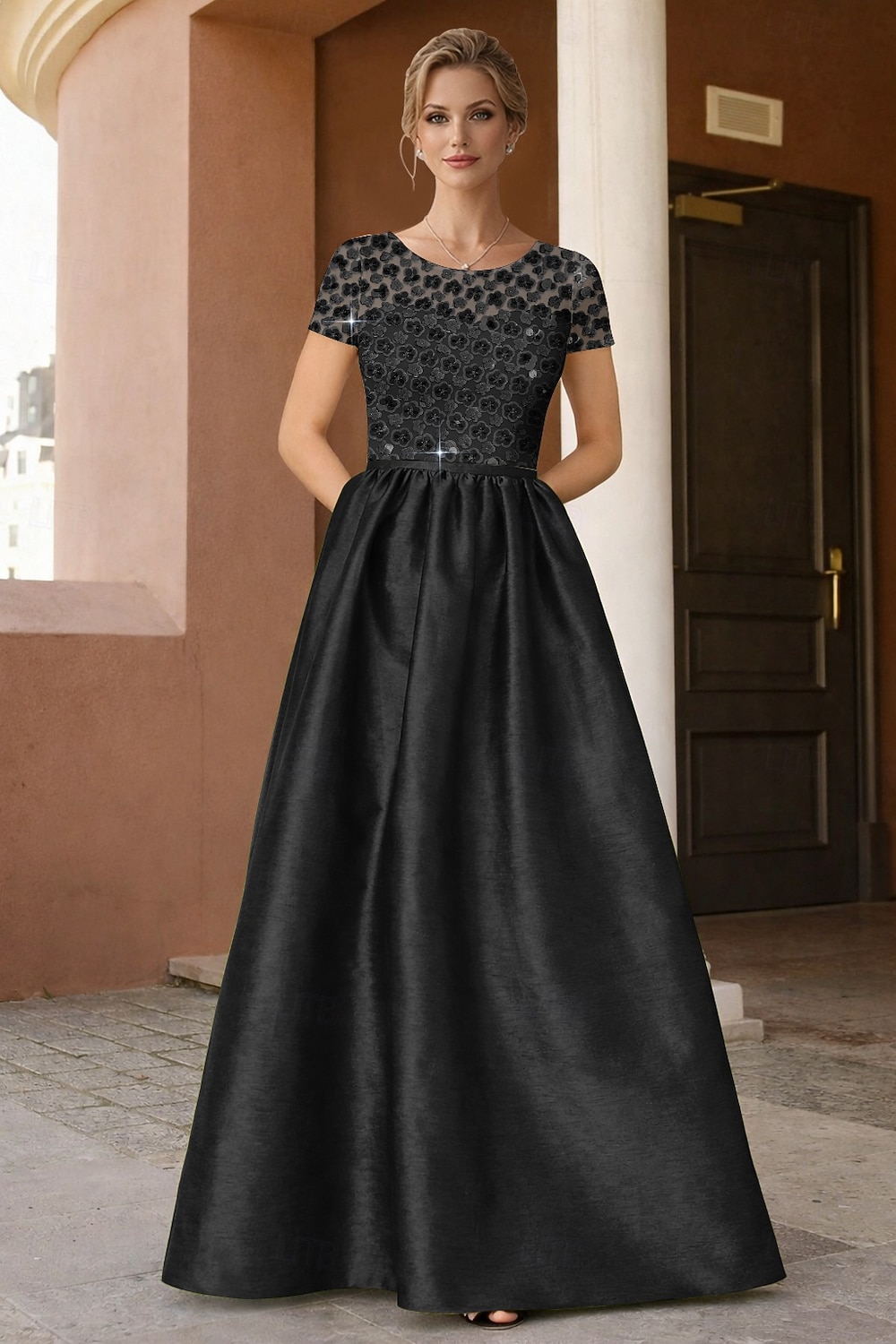 A-Line Floor Length Beaded Eembroidered Formal Dresses Mother of the Bride  Dress Evening Gown Elegant Embellished Semi-formal / Cocktail Short Sleeve  Scoop Neck Evening Party Wedding Taffeta with 2026 - $206.99