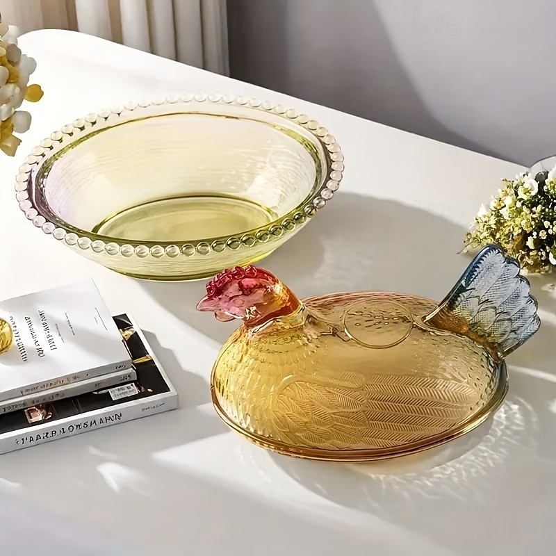 vintage lasinen kananpesäkulho kannella, suuri jalustallinen kukkokarkkikulho &kristallinen välipalapurkki, maalaistalon kananpesäpöydän sisustus, sopii välipaloille, jälkiruoalle, kekseille 2026 - $30.99 –P6