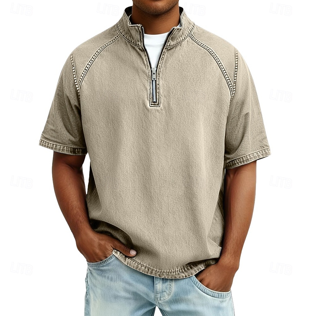 Heren Overhemd van 100% katoen met zure wassing T-shirt Korte mouw Opstaand Herfst winter Lente Herfst Effen Vintage Streetwear Casual Rits omhoog Kledingstuk geverfd Standaard Casual Huis Straat 2026 - $31.99 –P12