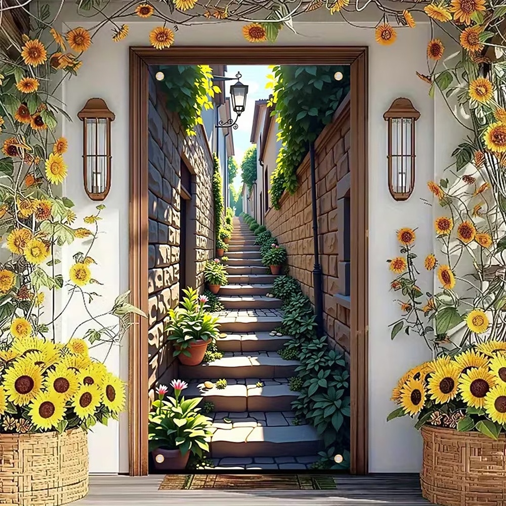 Bannière 3D représentant une vieille ruelle, des escaliers en pierre, une vue de rue méditerranéenne, un rideau de porte réaliste et pittoresque, idéal pour la décoration de votre porte d'entrée. de 2026 ? $17.99 –P1