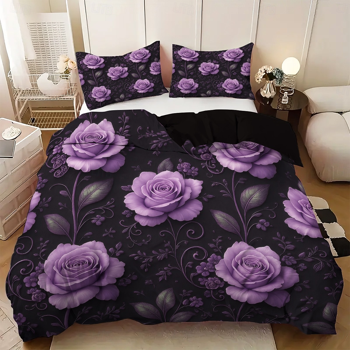 Juego de funda nórdica con estampado de flores y mariposas de rosas moradas, juego de cama estilo hotel con 1 funda nórdica y 2 fundas de almohada, tela de felpa suave, no incluye edredón. 2026 - $44.99 –P3