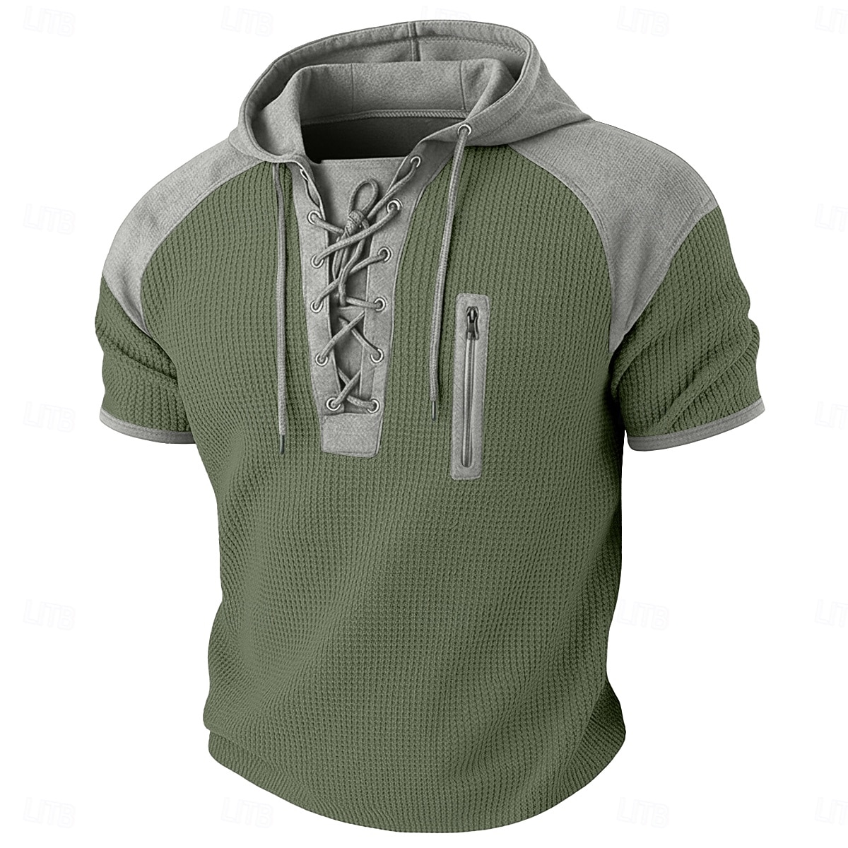 Herre Vaffel Henley-skjorte T-skjorte Kortermet Med hette Snøring i halsen Sommer Vår Alle årstider Helfarge Mote Designer Fritid Fargeblokk Avslappet Daglig utendørs Lyseblå Svart Vin Topp T-skjorte 2026 - $22.99 –P6