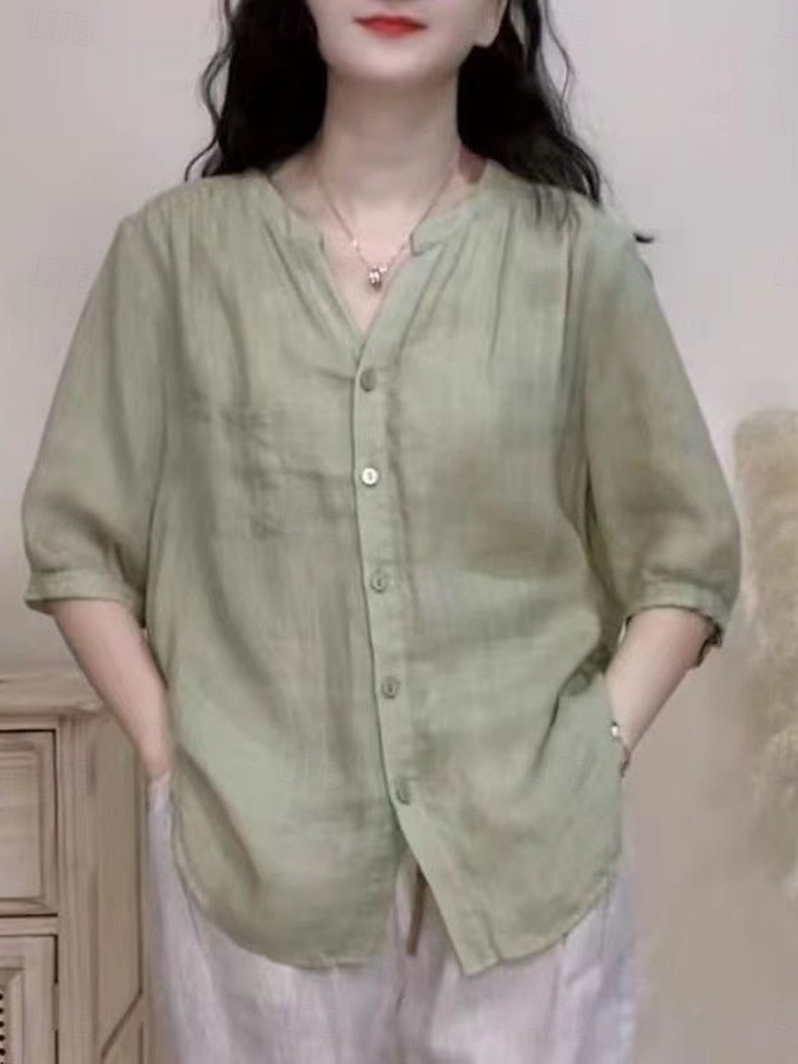 Per donna Camicie effetto lino Tasca Tinta unica Quotidiano Essenziale Casual Manica Lunga Scollo a V Top Regolari Quotidiano Blu Bianco Blu marino Arancione Verde Estate Primavera Autunno del 2026 a $21.99 –P2